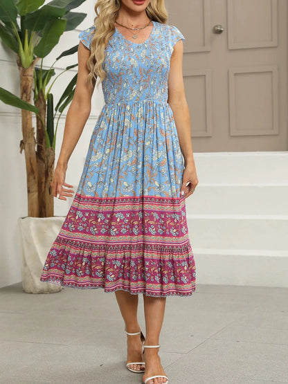 Hazel Blues® |  Printed Round Neck Cap Sleeve Dress