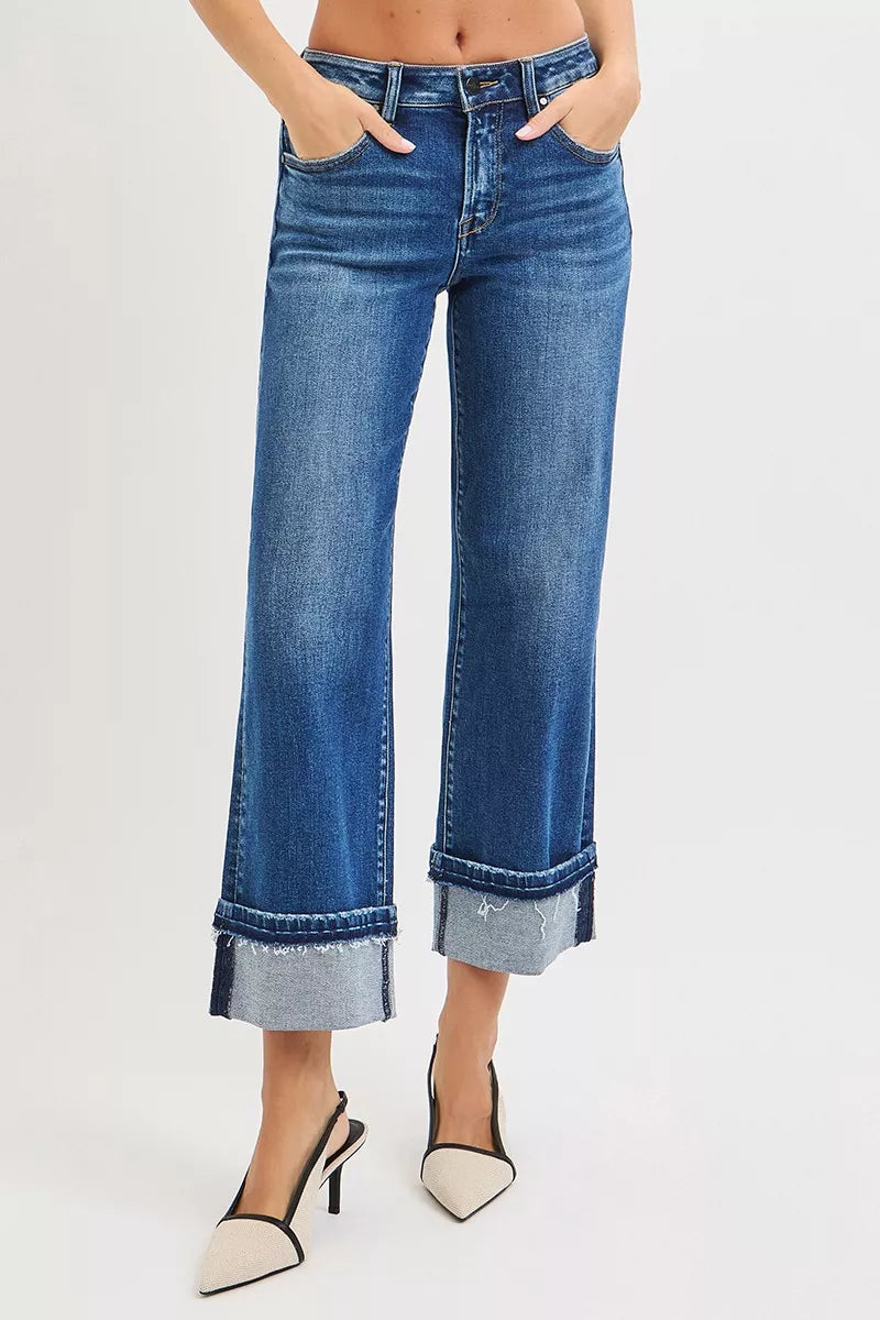 Hazel Blues® |  RISEN Mid Rise Ankle Straight Jeans with Cuffed Hem