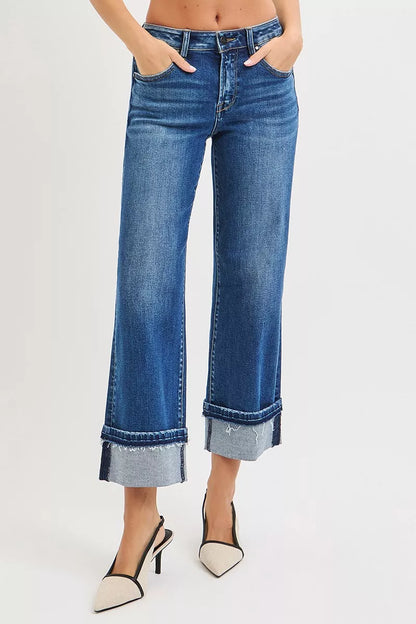 Hazel Blues® |  RISEN Mid Rise Ankle Straight Jeans with Cuffed Hem