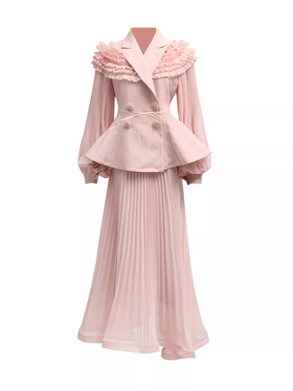 Hazel Blues® |  Frill Lapel Collar Top and Pleated Skirt Set