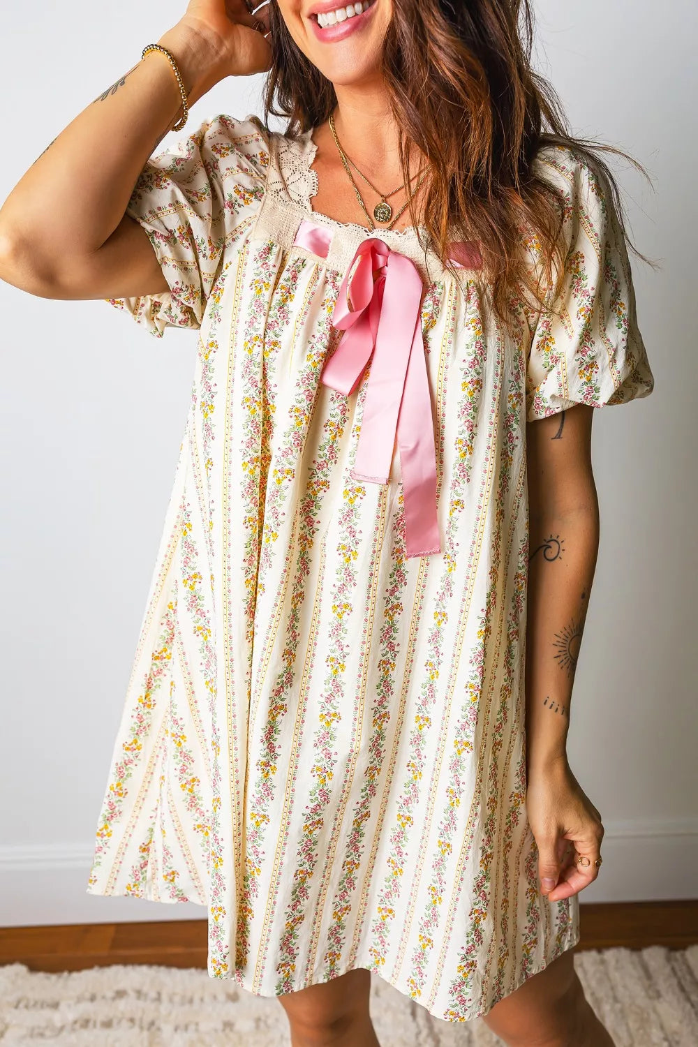 Hazel Blues® |  Multicolour Floral Print Contrast Ribbon Bow Lace Trim Square Neck Mini Dress