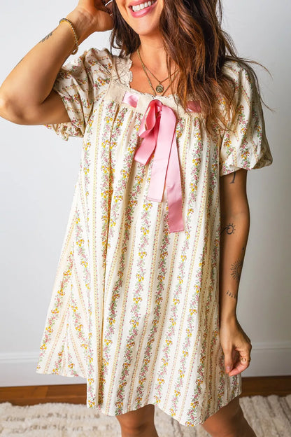 Hazel Blues® |  Multicolour Floral Print Contrast Ribbon Bow Lace Trim Square Neck Mini Dress