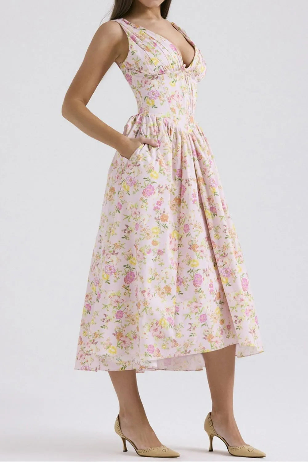 Hazel Blues® |  Floral V-Neck Sleeveless Midi Dress with Pockets