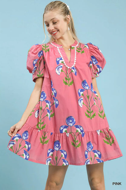 Hazel Blues® |  Umgee Floral Print Puff Sleeve Mini Dress with Scallop Trim