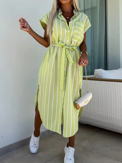 Hazel Blues® |  Striped Tie Waist Short Sleeve Dress