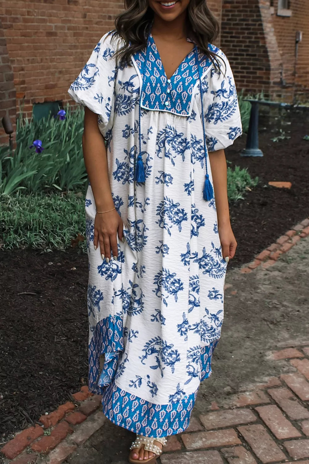 Hazel Blues® |  Floral Print Contrast Boho Patchwork V Neck Loose Midi Dress