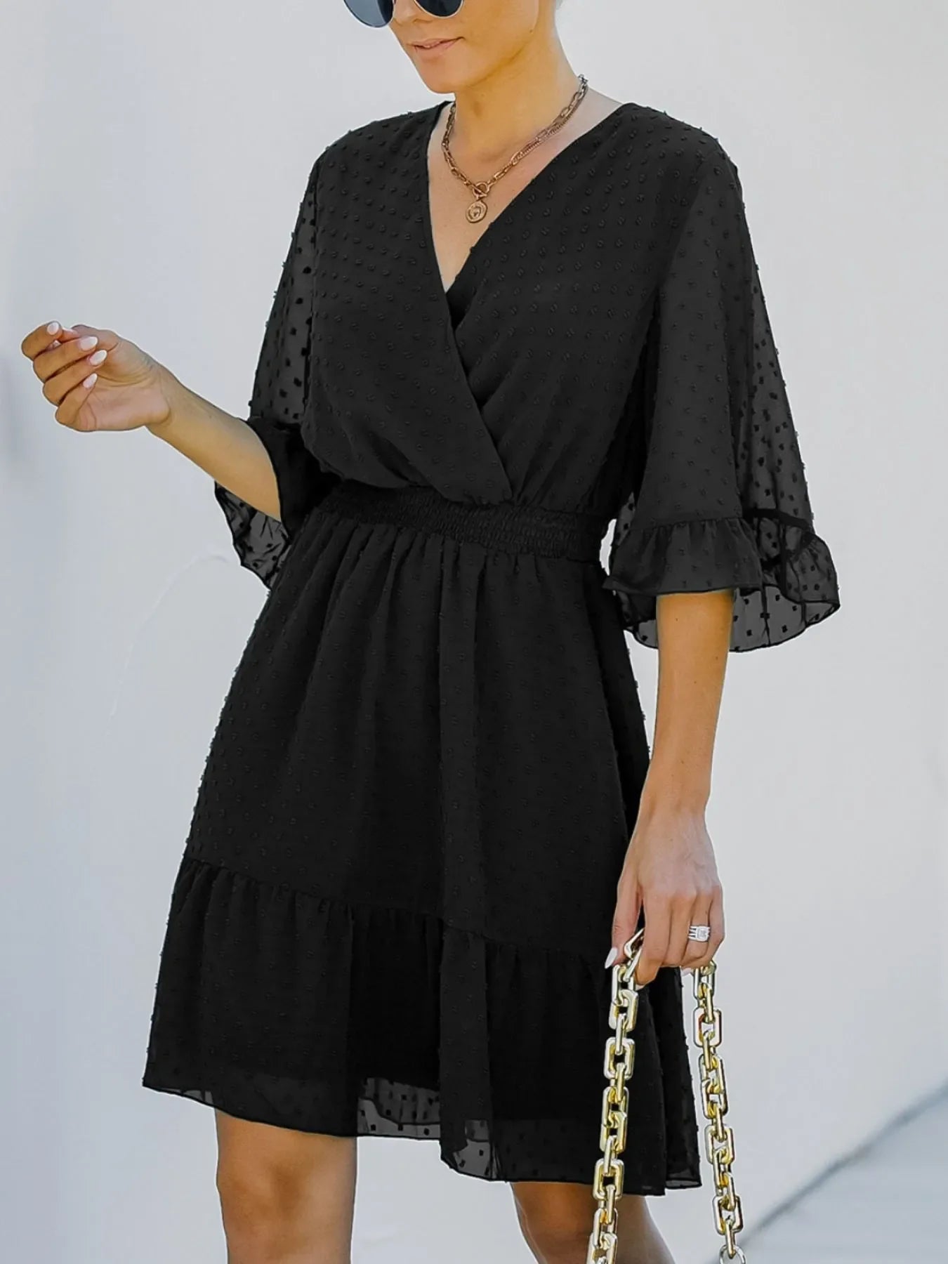 Hazel Blues® |  Swiss Dot Flare Sleeve Wrap Mini Dress