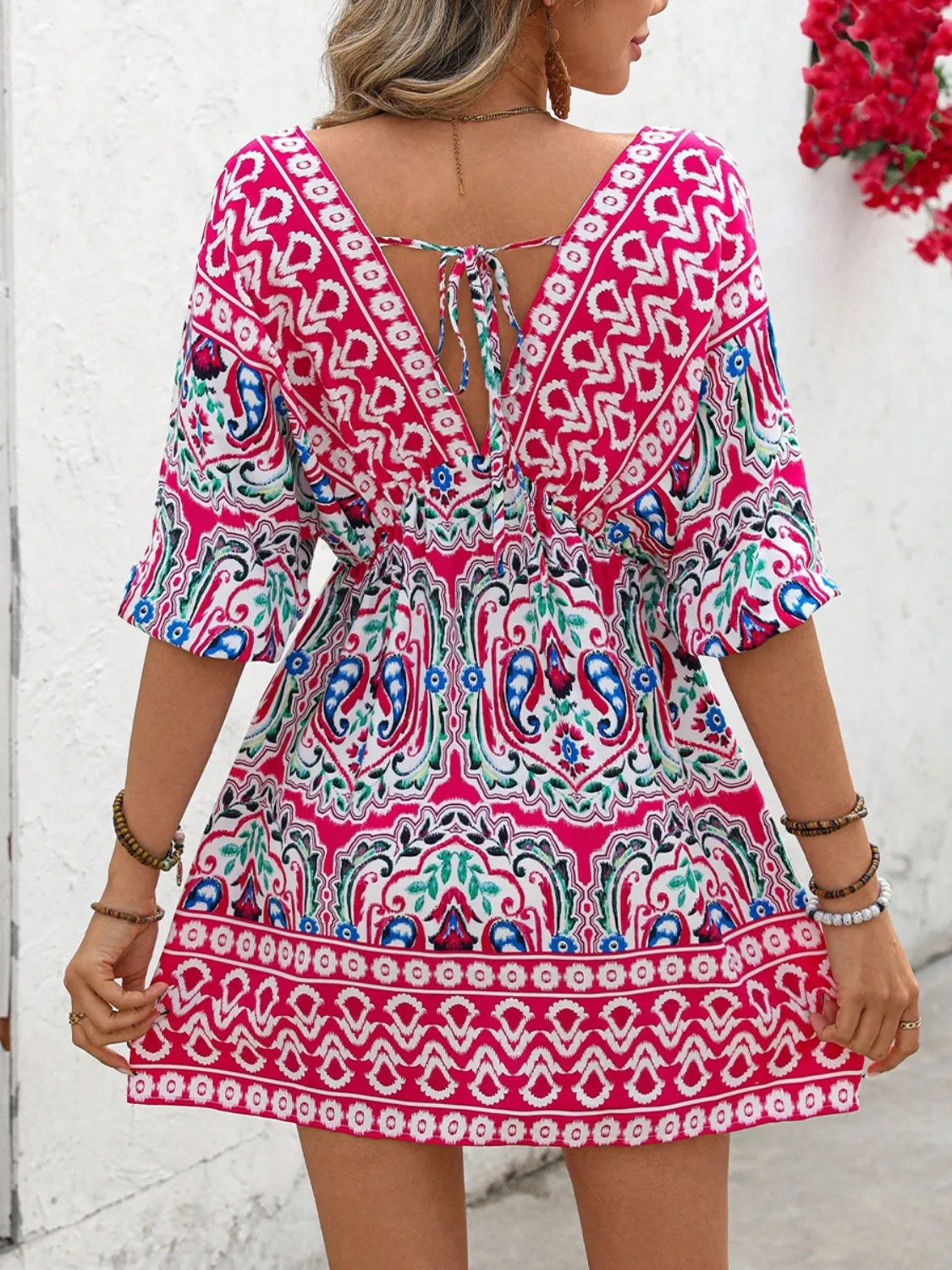 Hazel Blues® |  Printed Tie Back Half Sleeve Mini Dress