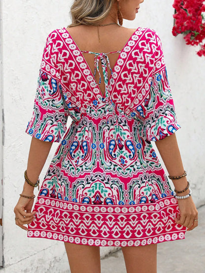 Hazel Blues® |  Printed Tie Back Half Sleeve Mini Dress