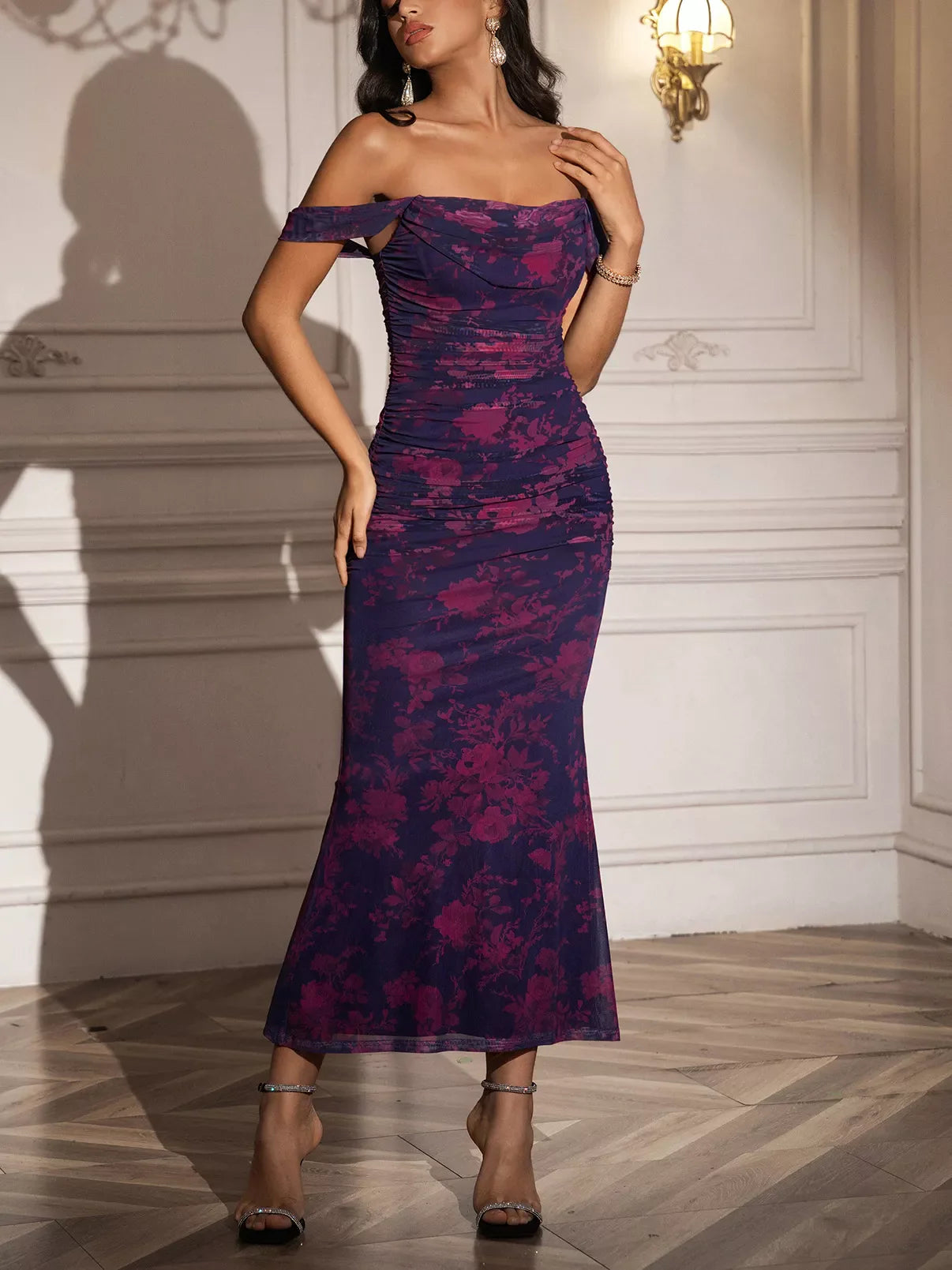Hazel Blues® |  Off-Shoulder Ruched Floral Mermaid Dress
