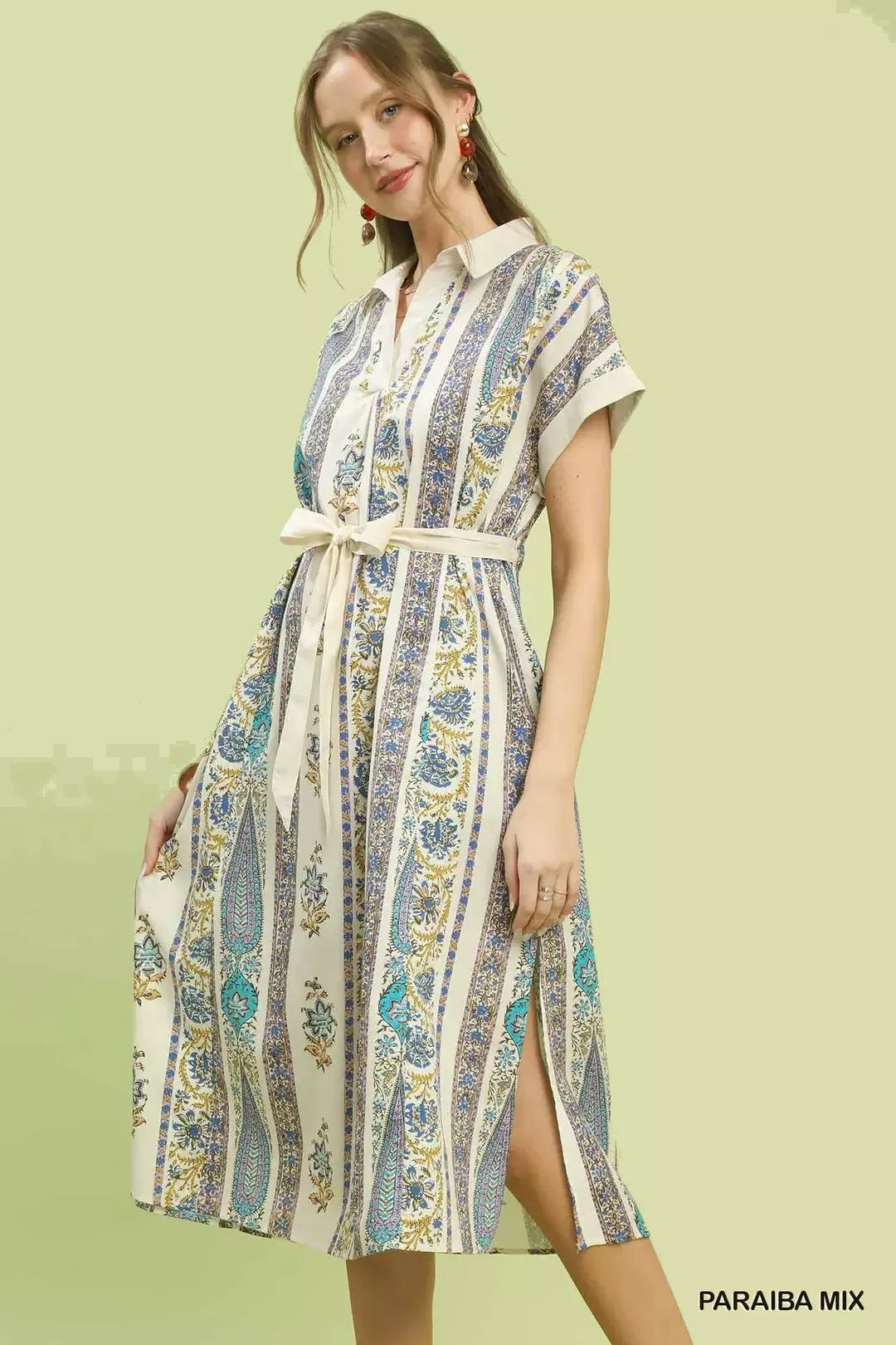 Hazel Blues® |  Umgee Vertical Print Tie Waist Midi Dress