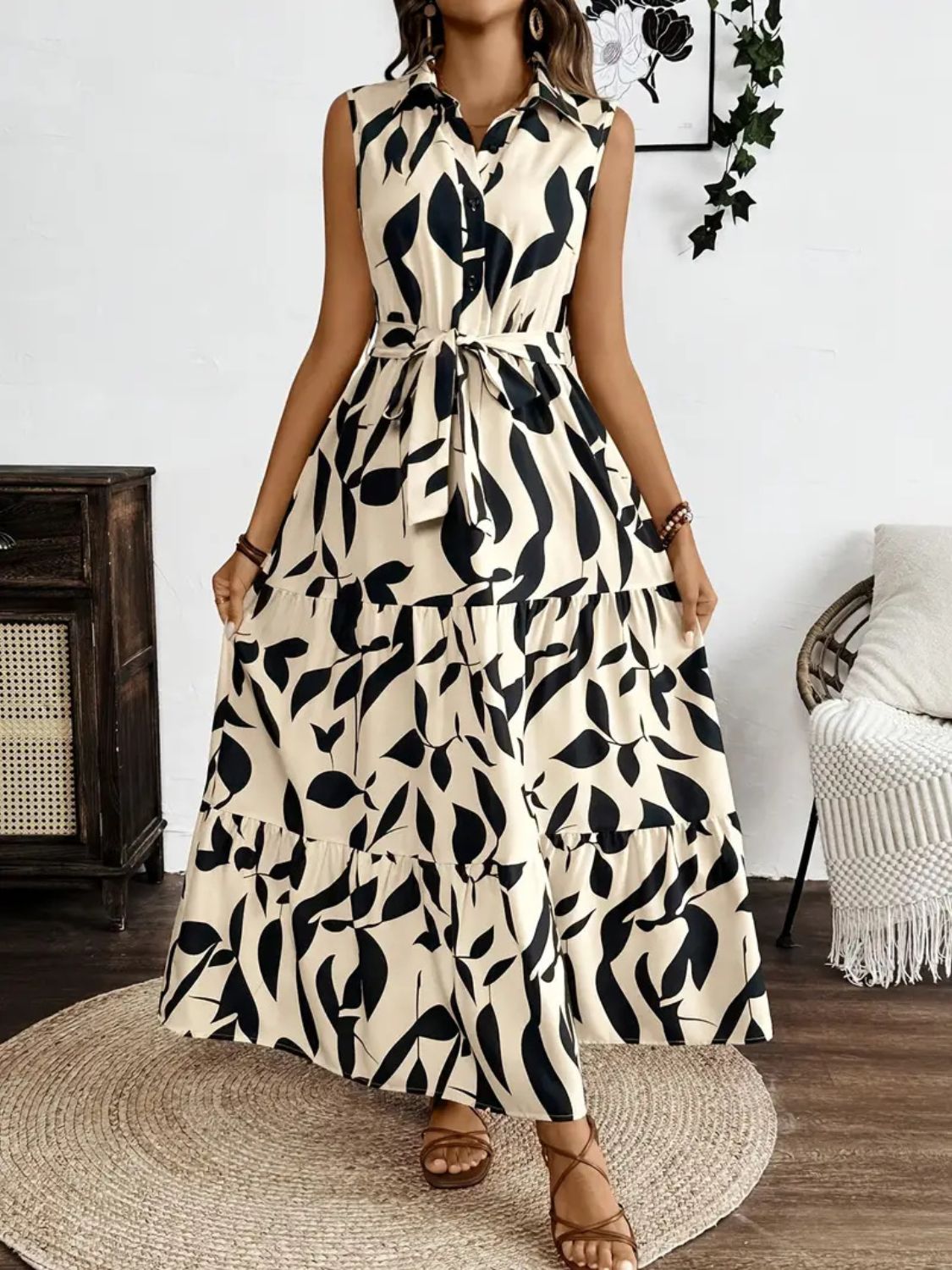 Hazel Blues® |  Printed Tie Waist Sleeveless Maxi Dress