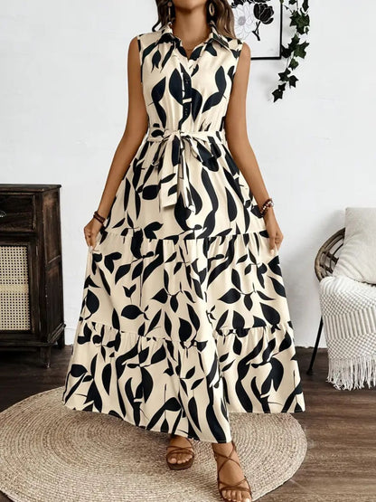 Hazel Blues® |  Printed Tie Waist Sleeveless Maxi Dress