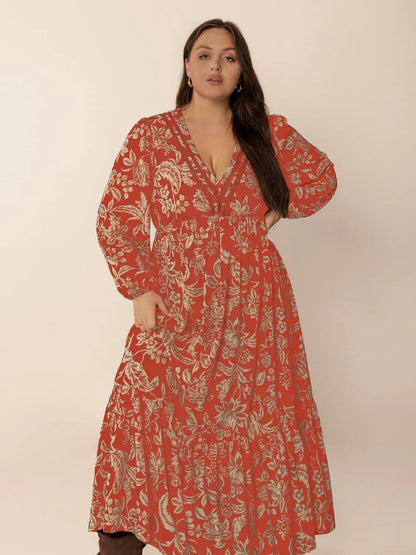 Hazel Blues® | Lace Detail Printed Balloon Sleeve Midi Dress