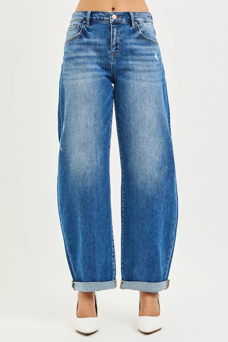 Hazel Blues® | RISEN Mid Rise Barrel Double Roll Up Jeans
