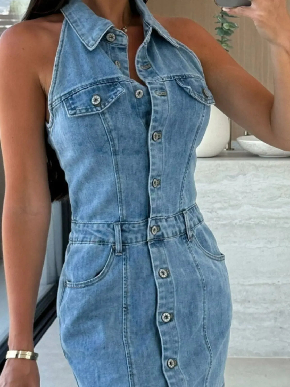 Hazel Blues® |  Button Front Sleeveless Denim Mini Dress