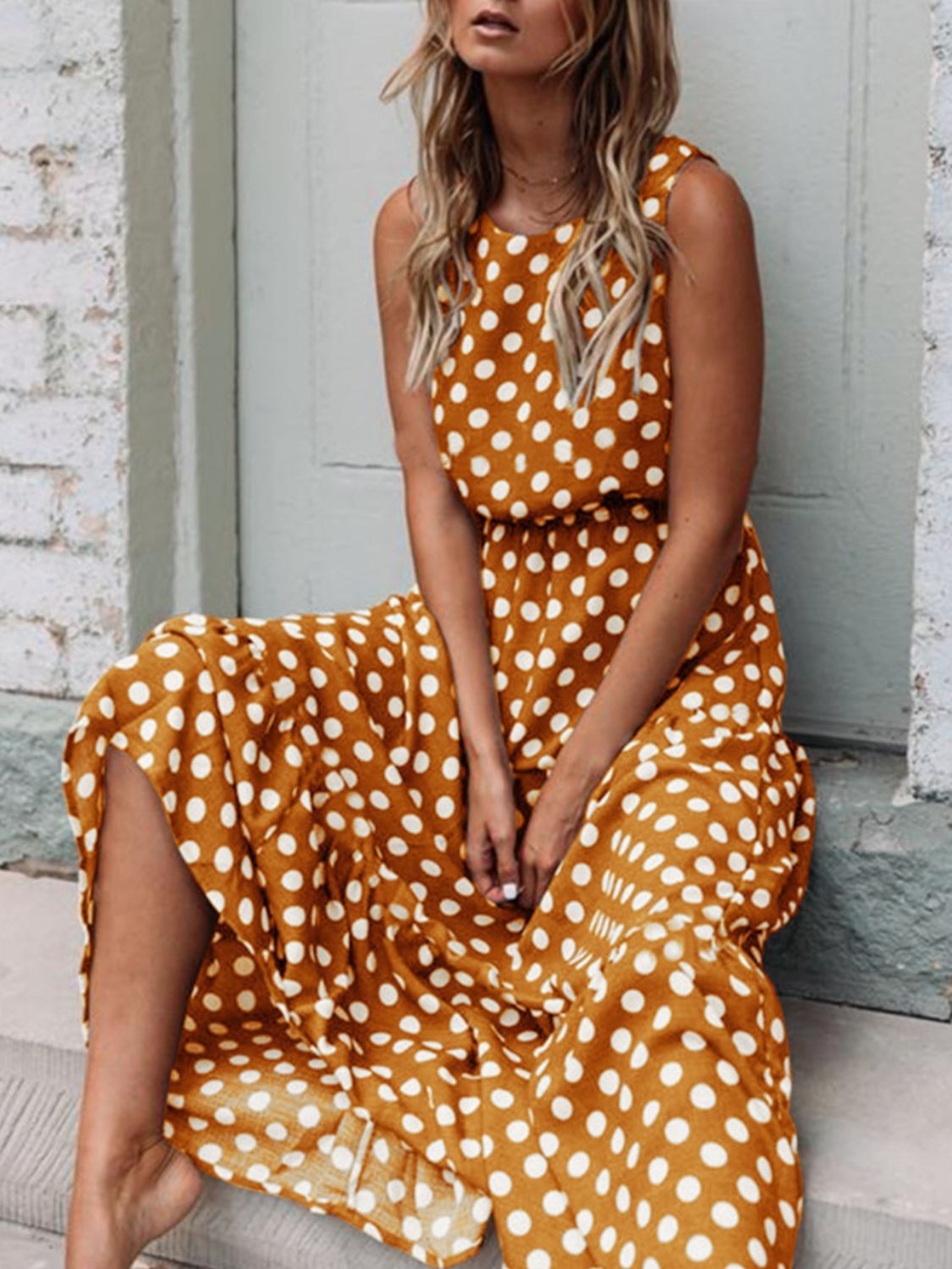 Hazel Blues® |  Polka Dot Round Neck Sleeveless Midi Dress