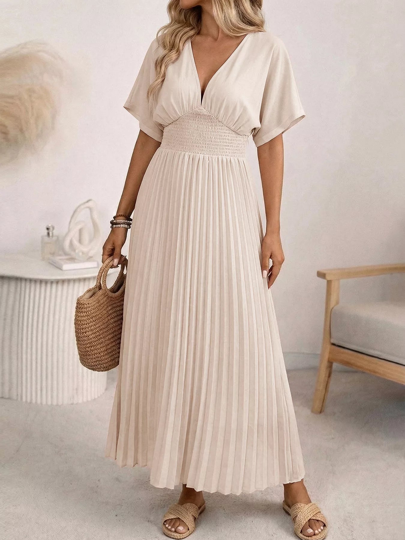 Hazel Blues® |  Pleated V-Neck Midi Dress