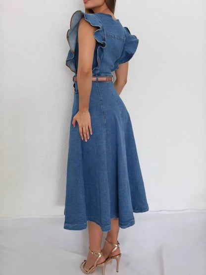 Hazel Blues® |  Ruffled Button Front Denim Dress
