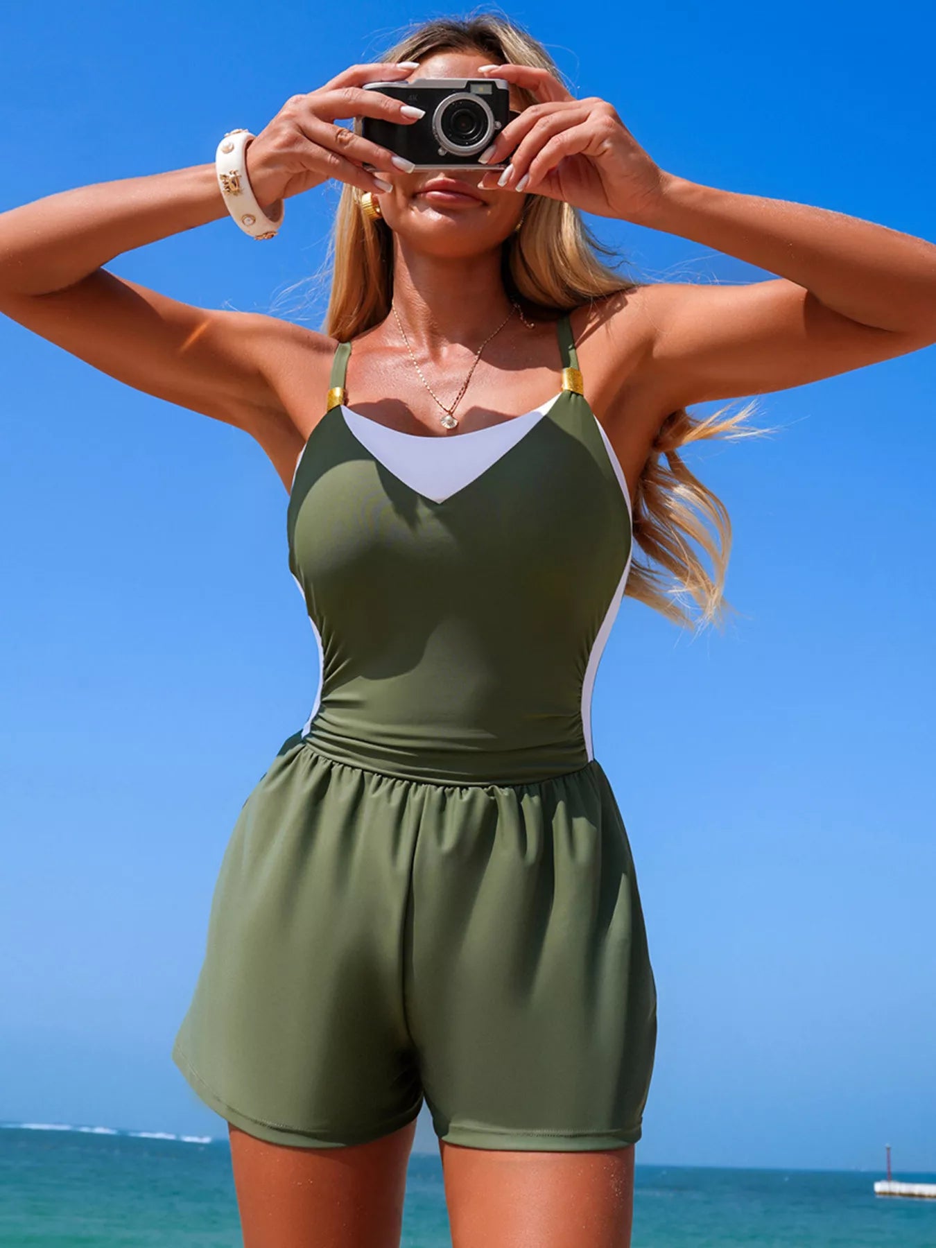 Hazel Blues® | Color Block Adjustable Strap One-Piece Swimsuit