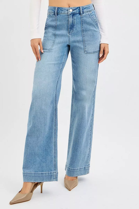 Hazel Blues® | RISEN High Rise Straight Leg Jeans with Front Pockets