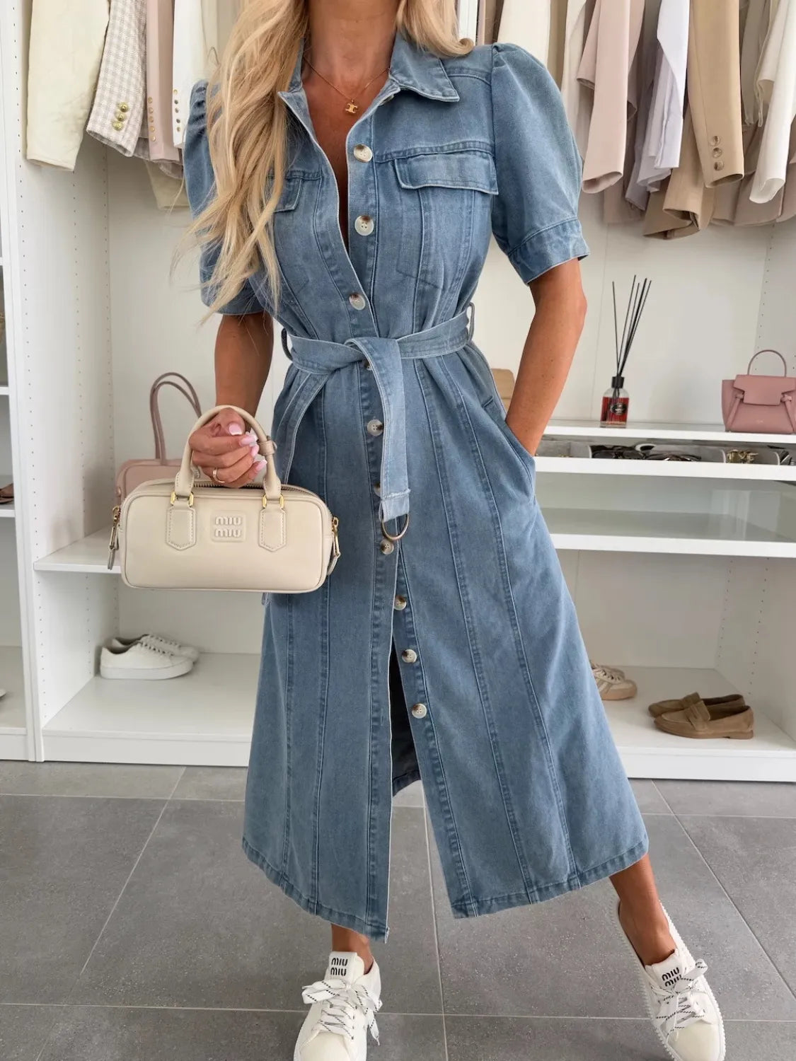 Hazel Blues® |  Puff Sleeve Button Down Belted Denim Midi Dress