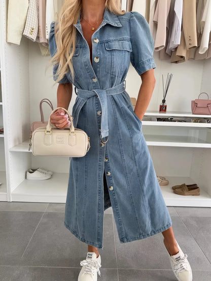 Hazel Blues® |  Puff Sleeve Button Down Belted Denim Midi Dress