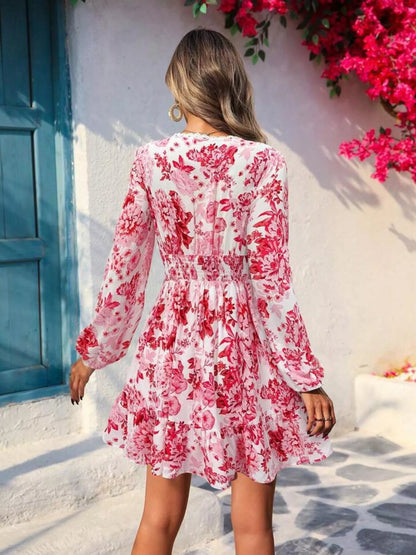 Hazel Blues® | Floral Print V-Neck Long Sleeve Ruffle Hem Mini Dress