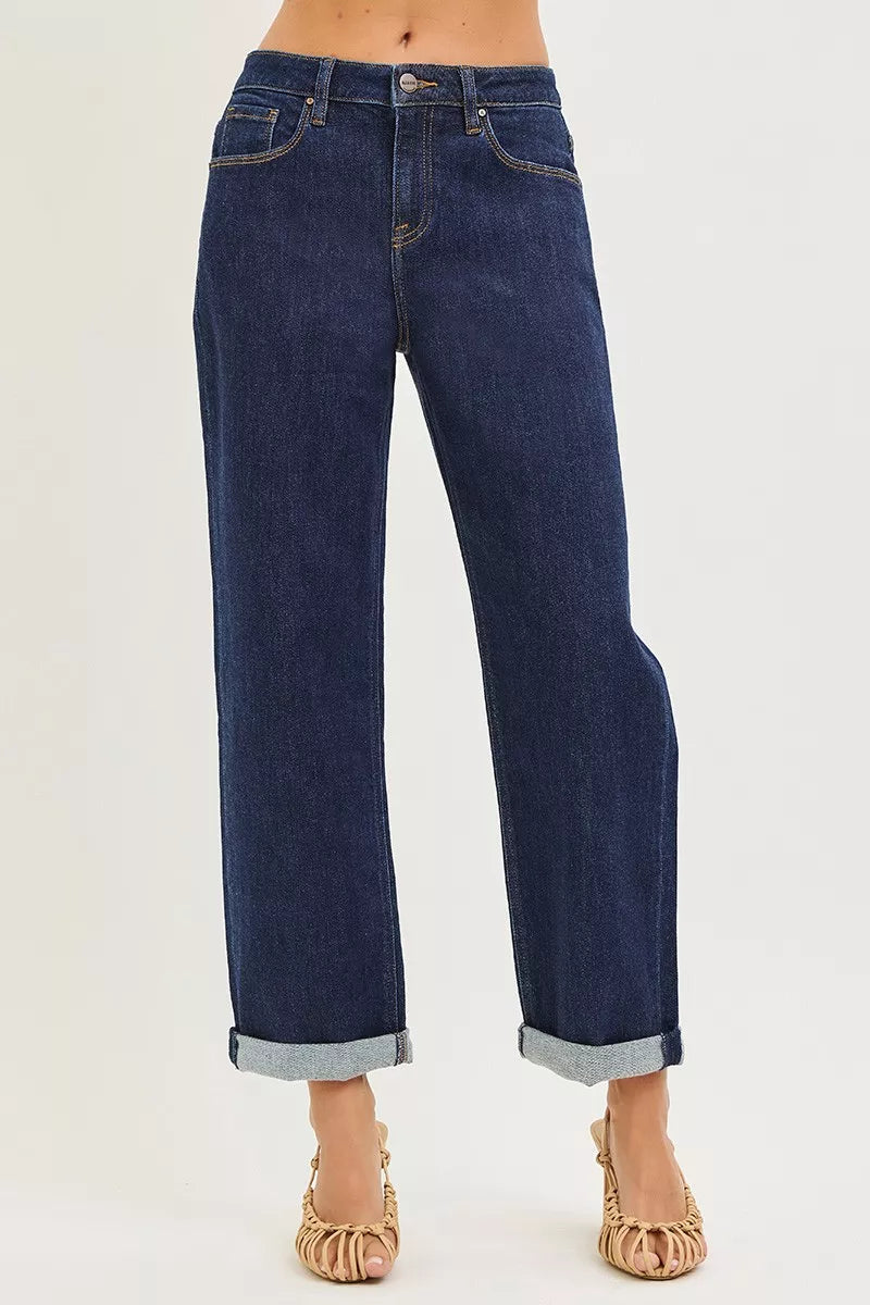 Hazel Blues® |  RISEN Slouchy Cropped  Boyfriend Jeans With Cuffed Hem