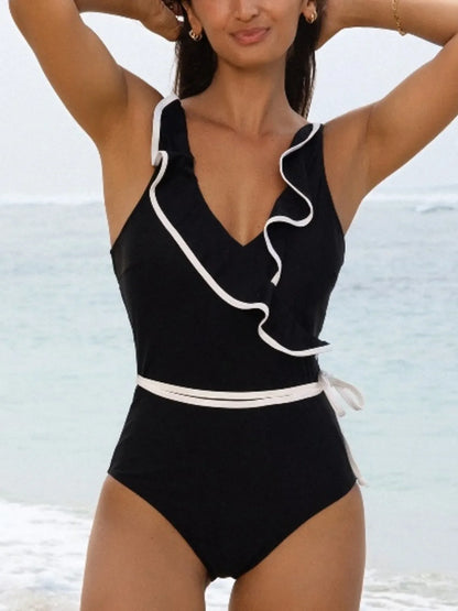 Hazel Blues® | Ruffle Trim V-Neck One-Piece Swimsuit