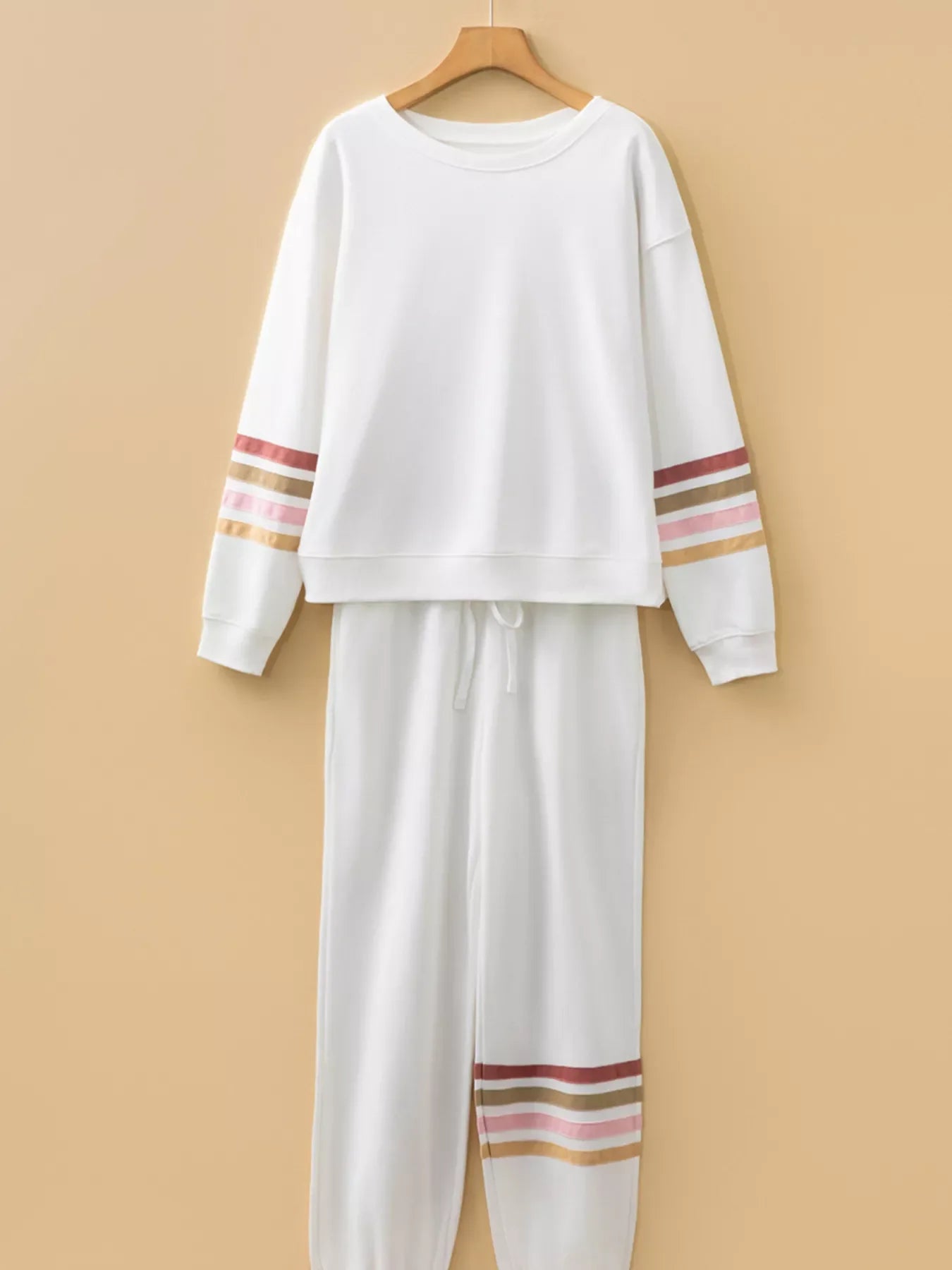 Hazel Blues® |  Striped Trim Round Neck Top and Pants Set