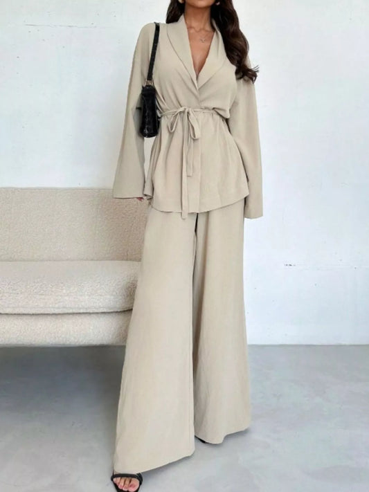 Hazel Blues® |  Front Tied Shirt and Wide-Leg Pants Set