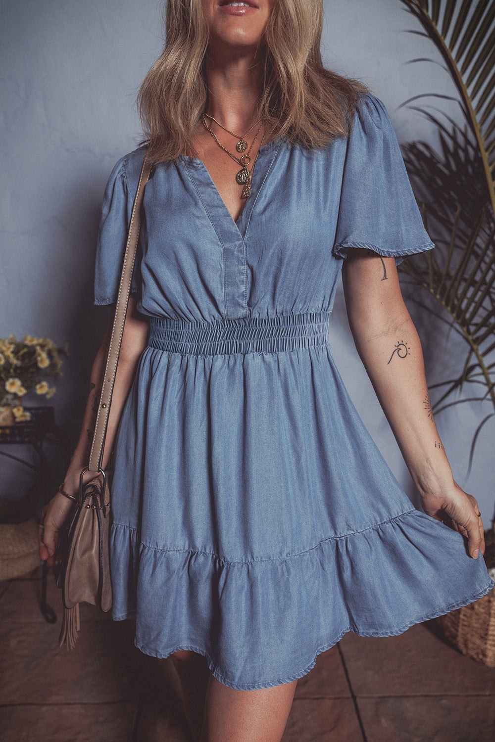 Hazel Blues® |  Ruffled Hem Smocked Flutter Sleeve Denim Mini Dress