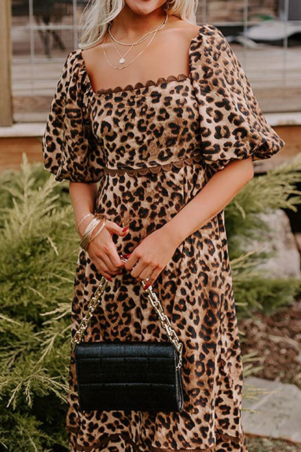Hazel Blues® |  Leopard Square Neck Puff Sleeve Maxi Dress
