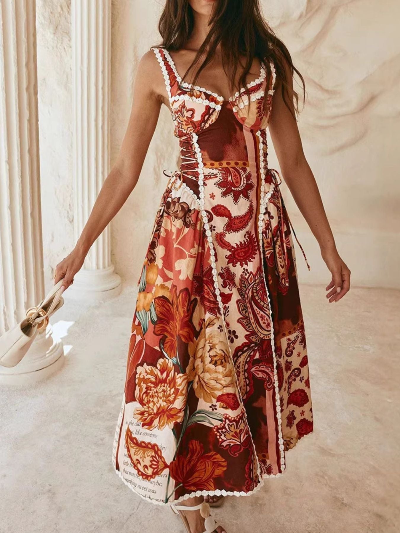 Hazel Blues® |  Vintage Paisley Print Lace Trim Midi Dress