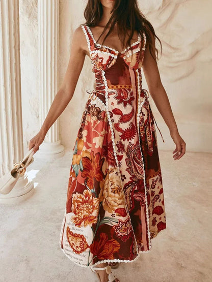 Hazel Blues® |  Vintage Paisley Print Lace Trim Midi Dress