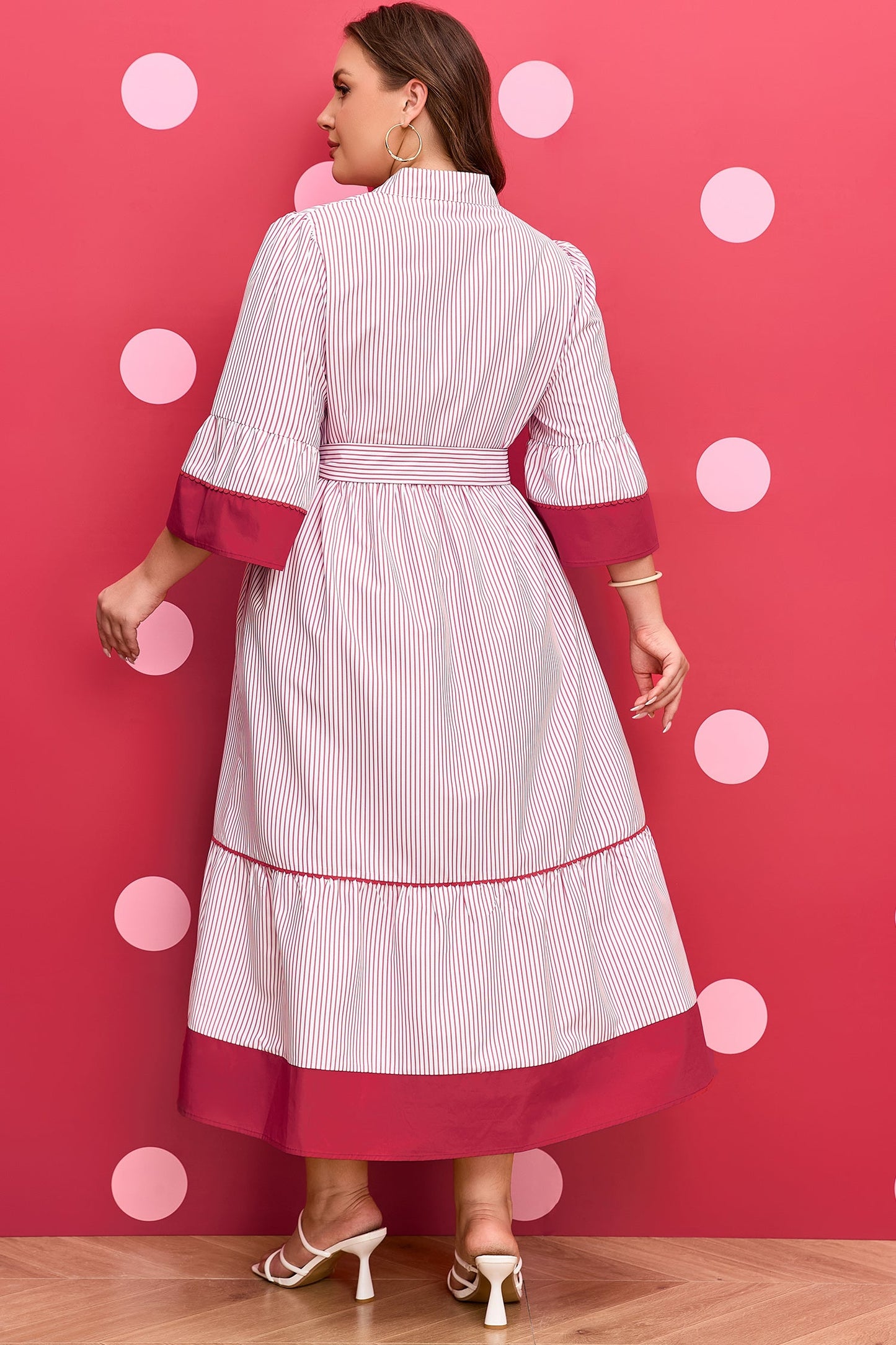 Hazel Blues® | Red Stripe Ruffled Hem Pinstriped Midi Dress