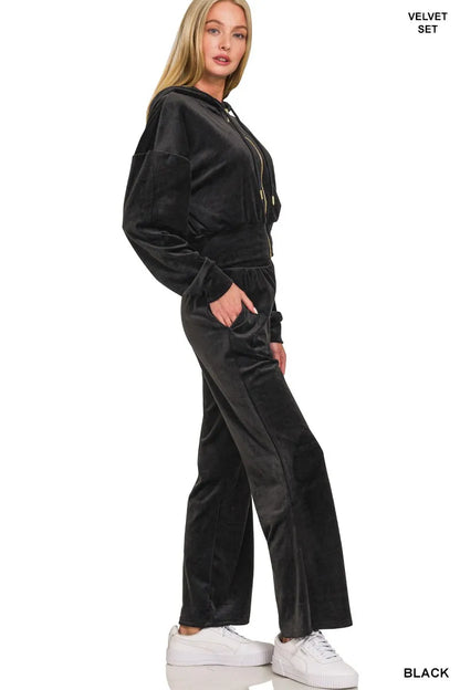 Hazel Blues® |  Zenana Velvet Zip Up Hoodie and Pants Set