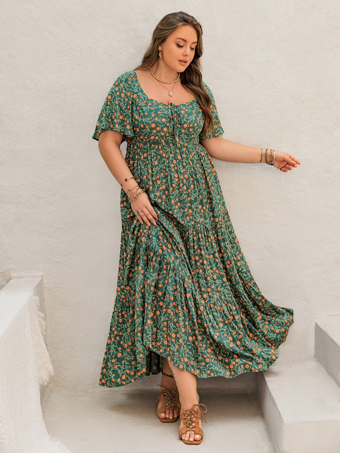 Hazel Blues® | Printed Short Sleeve Tiered Maxi Dress