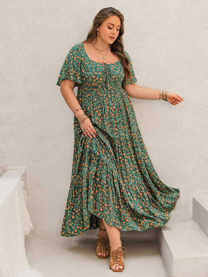 Hazel Blues® | Printed Short Sleeve Tiered Maxi Dress