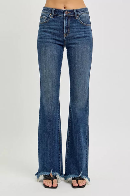 Hazel Blues® | RISEN Mid Rise Flare Frayed Hem Jeans
