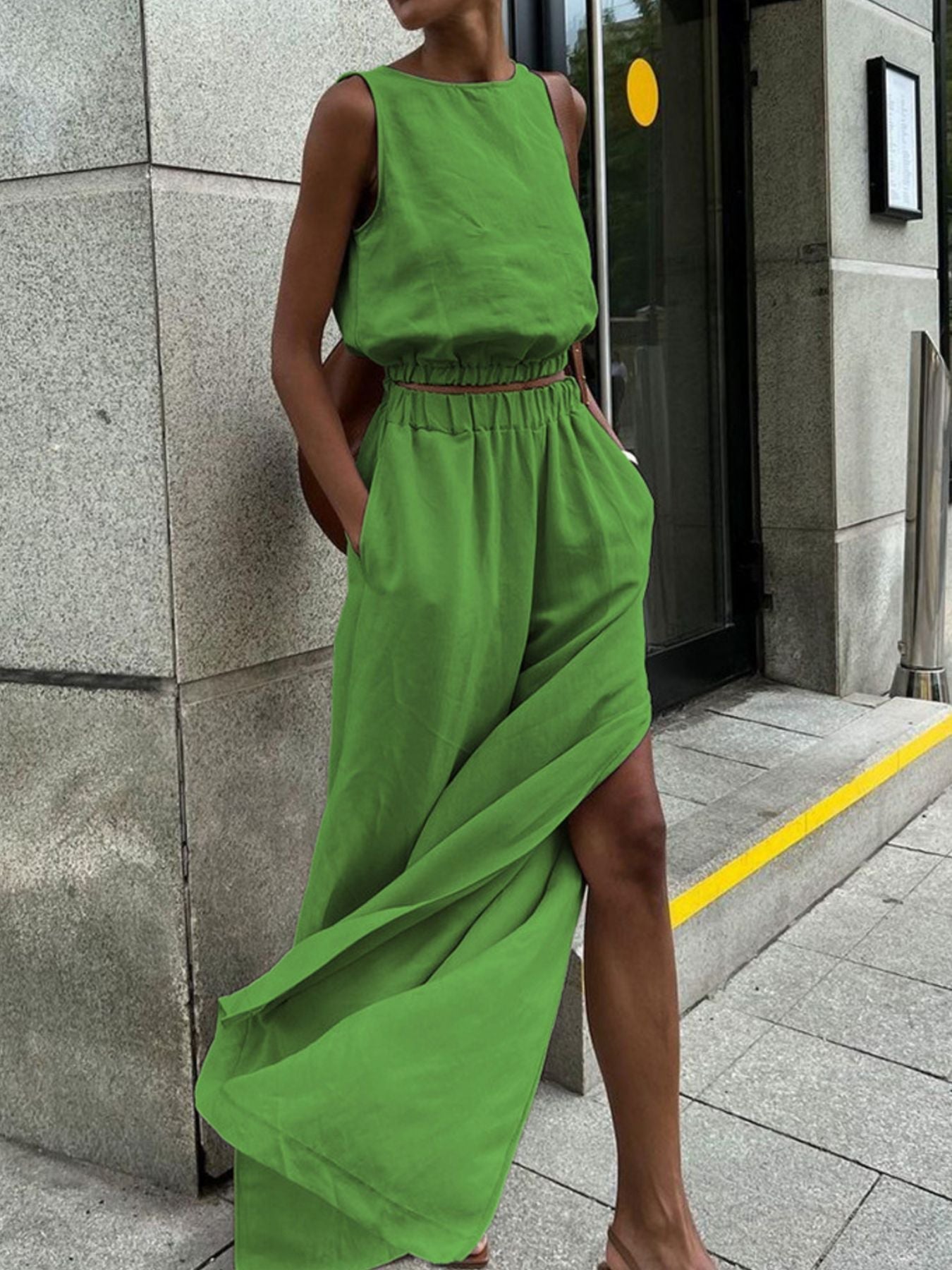 Hazel Blues® |  Sleeveless Crop Top and Slit Pants Set