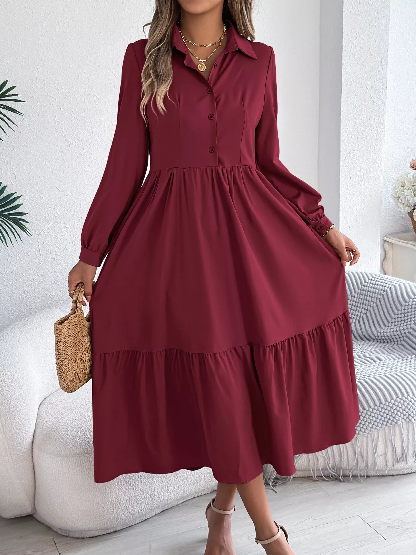 Hazel Blues® |  Long Sleeve Tiered Button Front Midi Dress