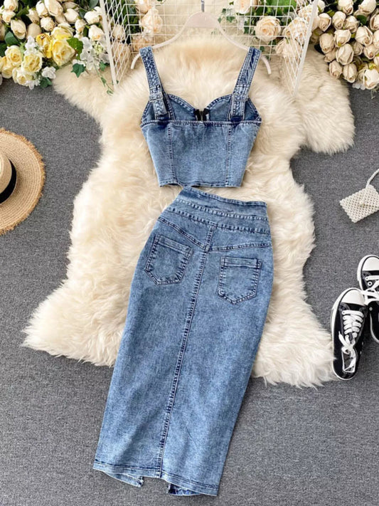 Hazel Blues® |  Zipper Top & Button Slit Skirt Denim Set