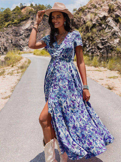 Hazel Blues® |  Floral Print V-Neck Slit Midi Dress