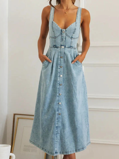 Hazel Blues® |  Sweetheart Neck Button-Front Midi Denim Dress