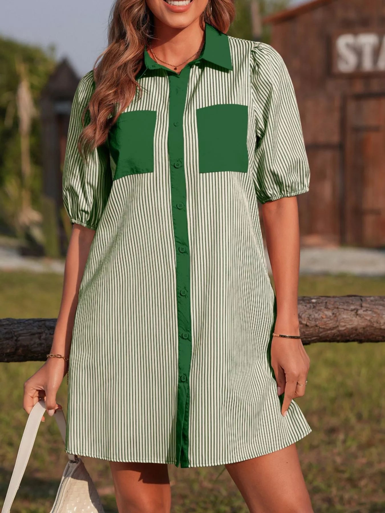 Hazel Blues® |  Stripe Color Block Patchwork Shirt Collar Button Down Puff Sleeve Mini Dress