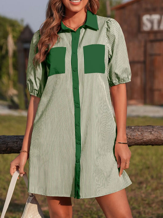 Hazel Blues® |  Stripe Color Block Patchwork Shirt Collar Button Down Puff Sleeve Mini Dress