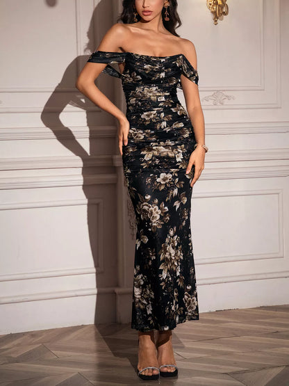 Hazel Blues® |  Off-Shoulder Ruched Floral Mermaid Dress