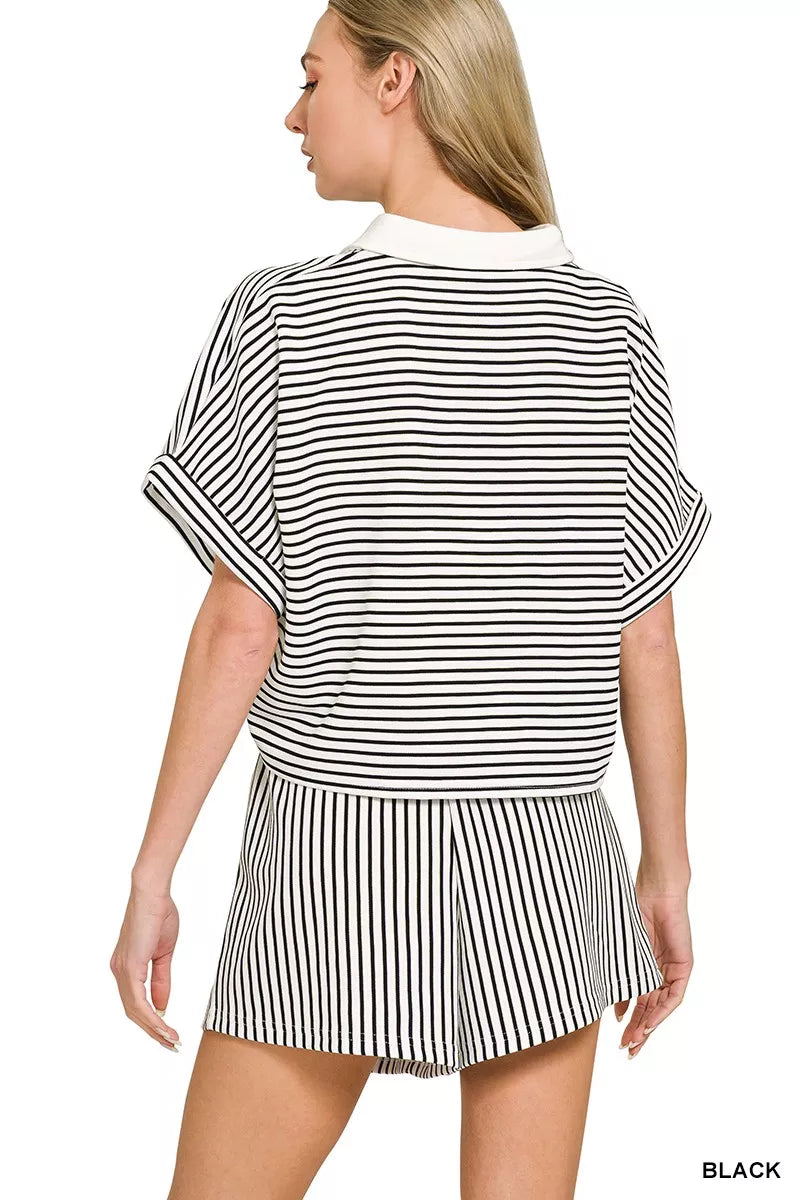Hazel Blues® |  Zenana Striped Collared Top & Shorts Set
